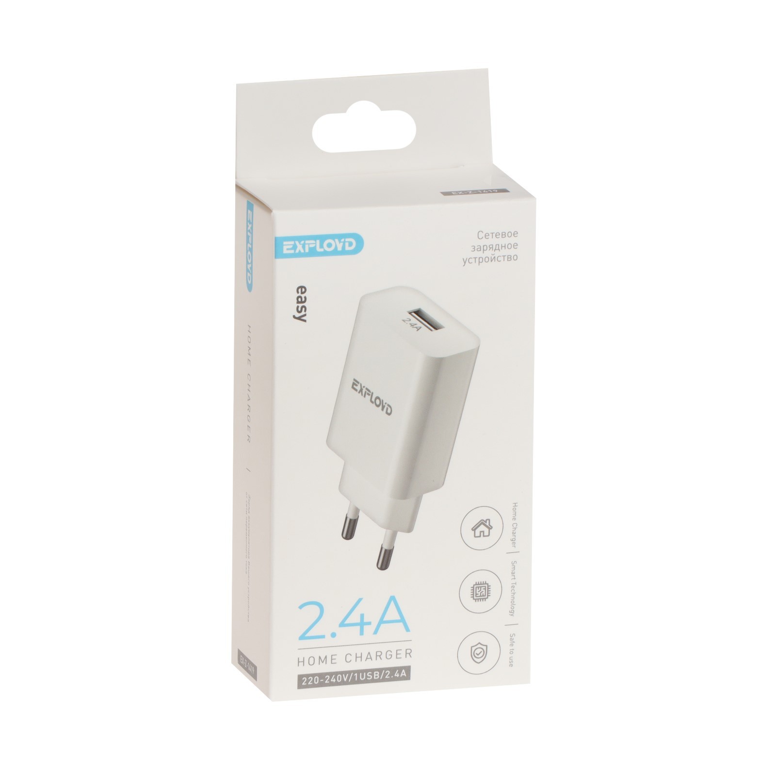 Сетевое зарядное устройство Exployd EX-Z-1419, 1 USB, 2.4 А, белое 9393002