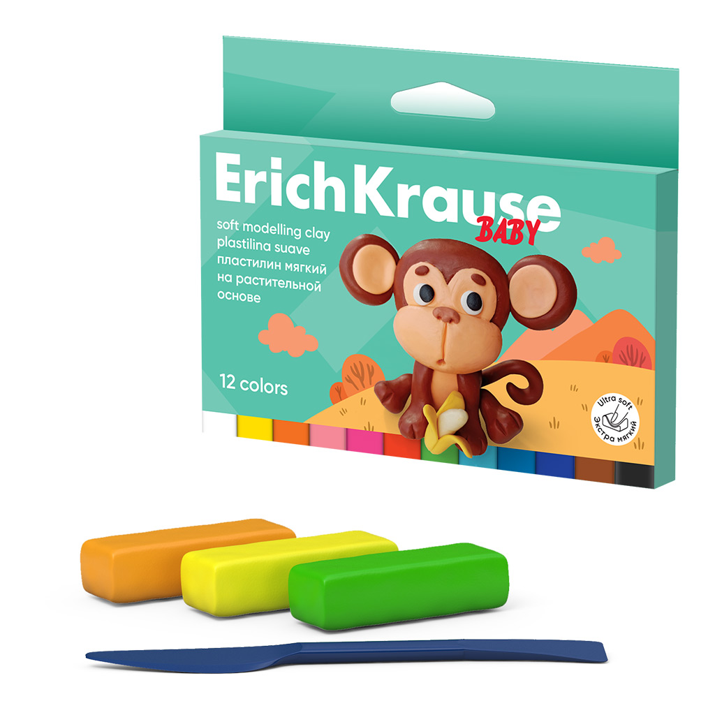 Пластилин 12 цветов мягкий на растительной основе ErichKrause Baby/для малышей с Алоэ Вера 