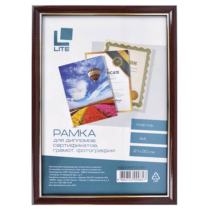 Кан.Рамка 21*30 LITE А4 пластик тёмный орех с позолотой (стекло)