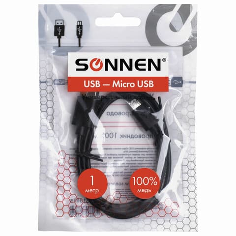 Кабель зарядка/перед.данных USB2.0-micro USB, 1м, SONNEN, медь,черный, 513115