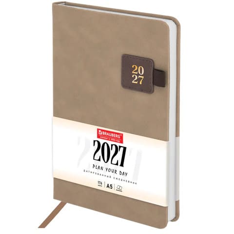 Ежедневник 2027 А5 176 листов BRAUBERG Accent под кожу, держатель, беж/коричневый